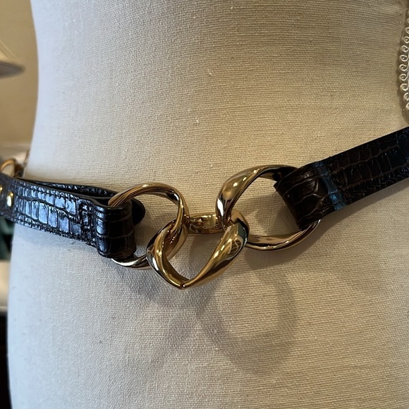 Talbots Black Croc Embossed Genuine Leather 1" With Golden Rings Belt Large - Picture 5 of 11